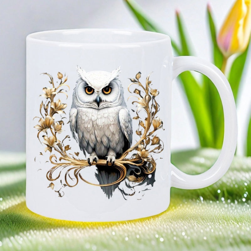 Tailorly White Ceramic 11 oz Mug - Majestic White Owl Perched On Elegant Golden Branches With Floral Details Owl
