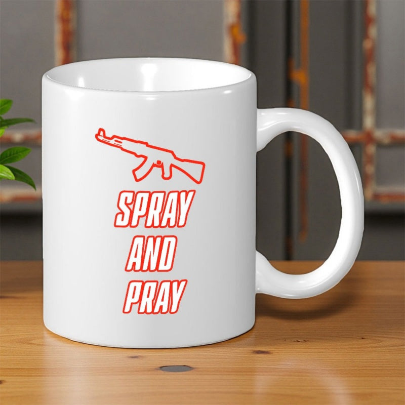 Tailorly White Ceramic 11 oz Mug - Spray And Pray Sleek Minimalist Red Outlined Assault Weapon Silhouette Set Above Bold Impactful Slogan Rifle