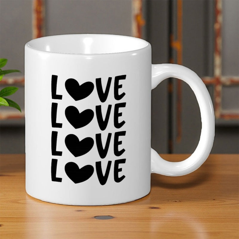 Tailorly White Ceramic 11 oz Mug - Love Love Love Love Elegant Black Hearts Stacked Vertically On Minimalist Heart