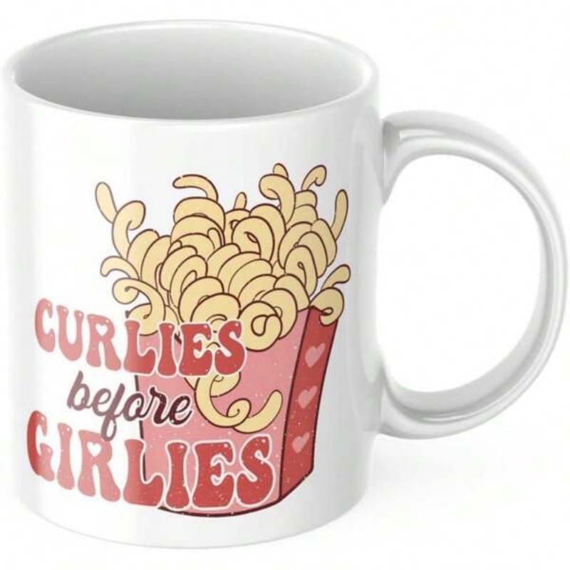 Tailorly White Ceramic 11 oz Mug - Curlies Before Girlies Pink Heart Container Filled With Golden Yellow Crispy Tasty Curly Fries