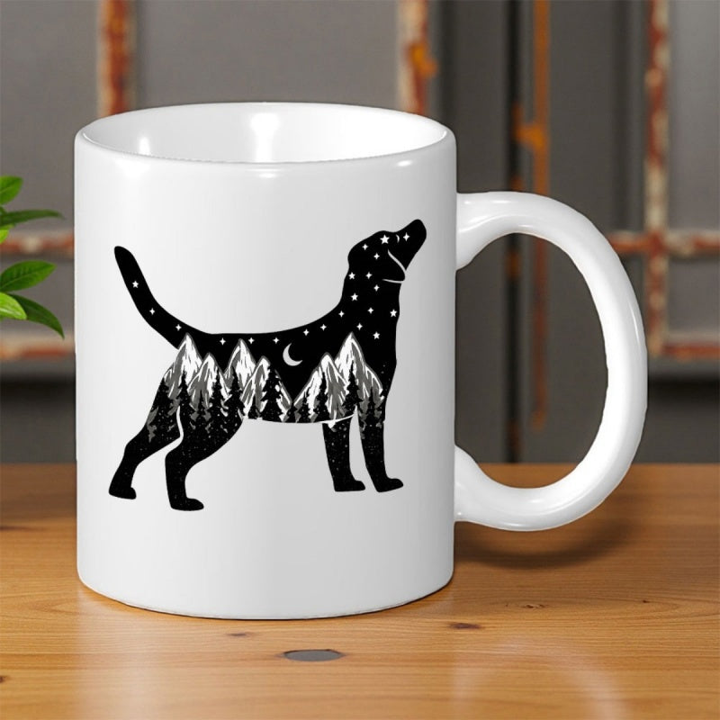 Tailorly White Ceramic 11 oz Mug - Black Silhouette Featuring Majestic Mountains And Pine Trees Under Night Sky Dog