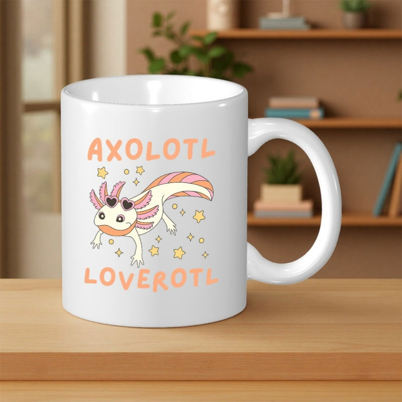 Tailorly White Ceramic 11 oz Mug - Axolotl Loverotl Cute Pink Cartoon Character Wearing Heart Sunglasses Among Golden Stars Axolotl