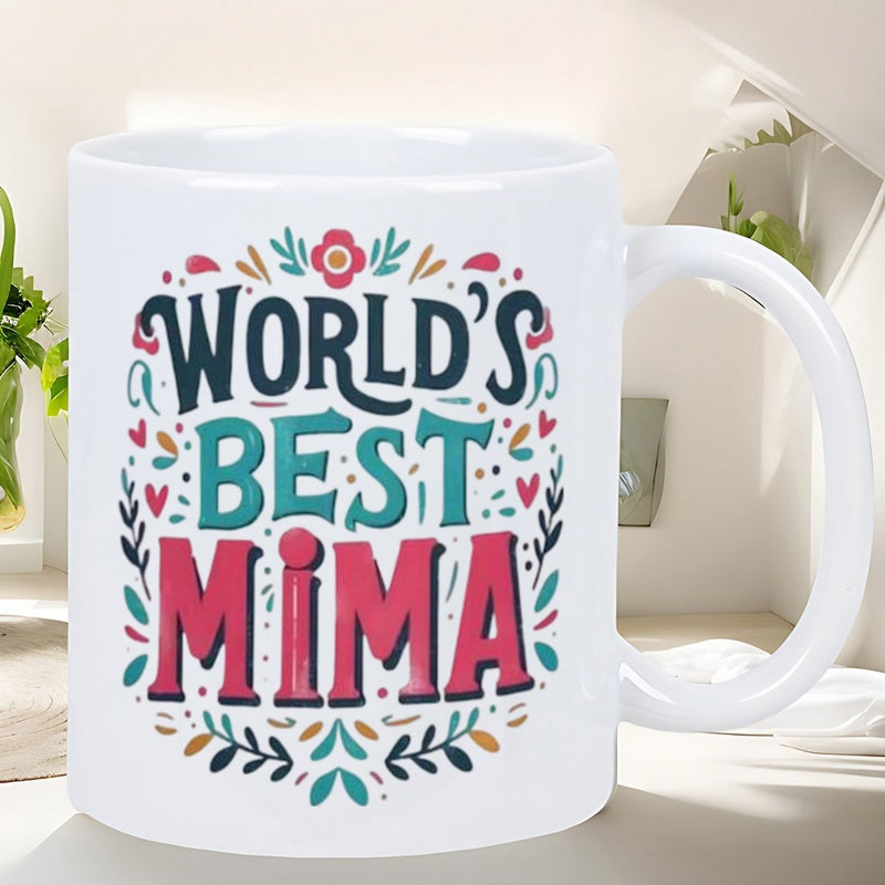 Tailorly White Ceramic 11 oz Mug - Worlds Best Mima Vibrant Floral Decorations Surrounded By Delicate Heart Shaped Patterns Among Mug