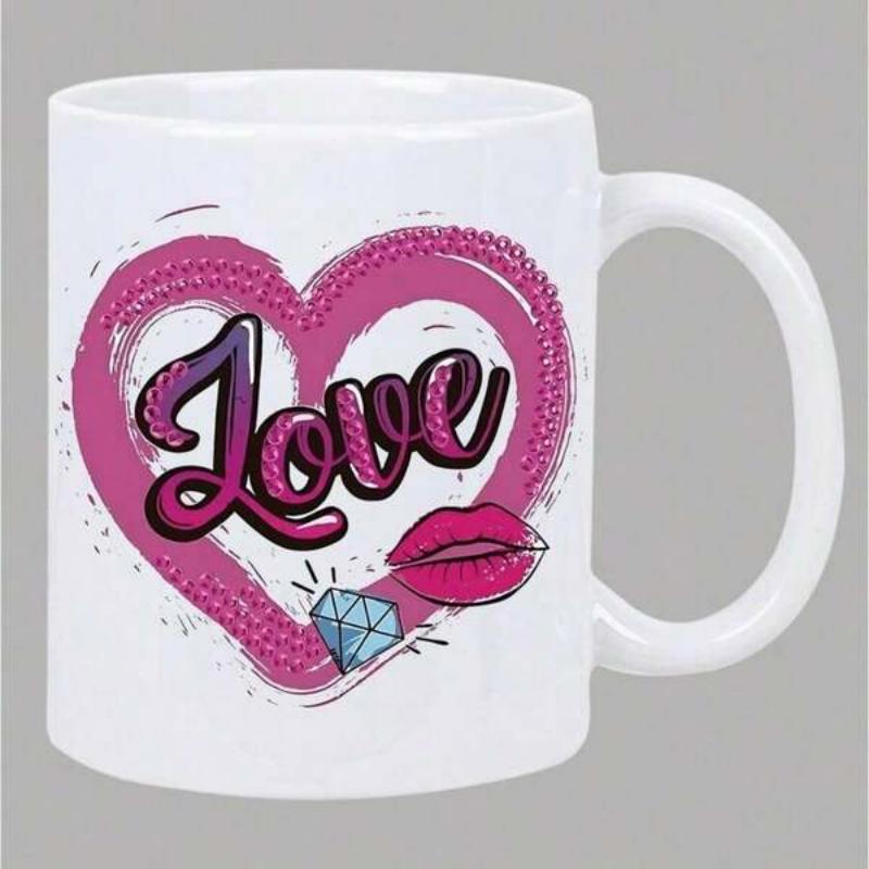 Tailorly White Ceramic 11 oz Mug - Love Stylized Pink Artistic Brushstroke Lips With Sparkling Blue Diamond Heart