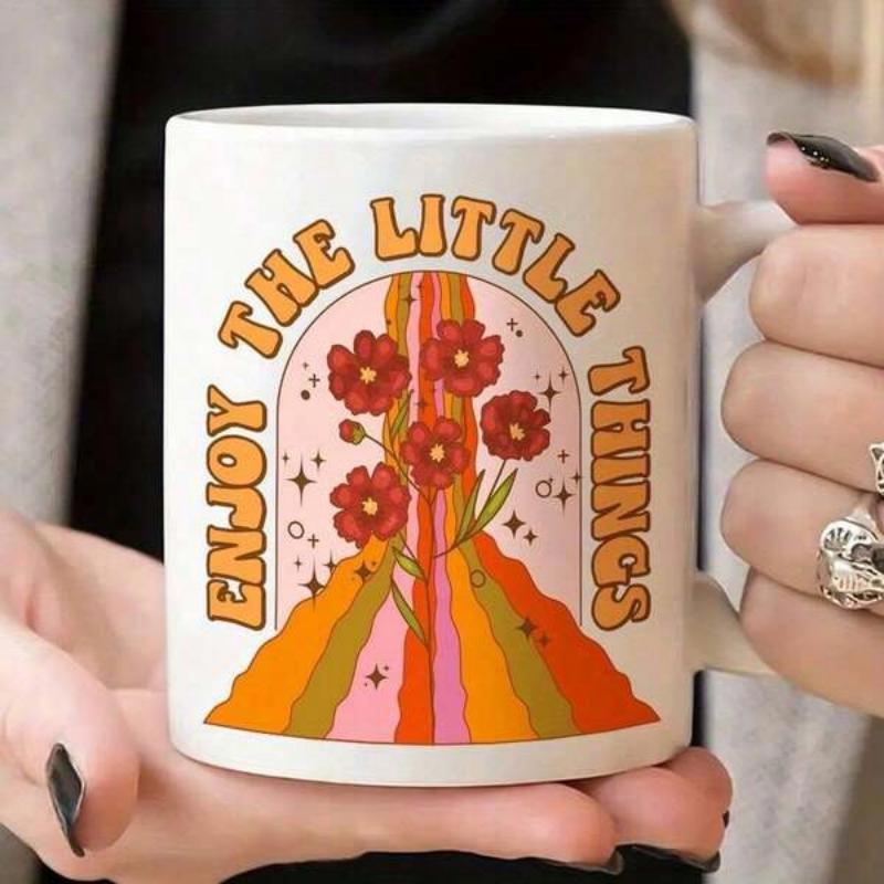 Tailorly White Ceramic 11 oz Mug - Enjoy The Little Things Retro Style Arch Featuring Red Flowers Over Vibrant Striped Colorful Hills Flower
