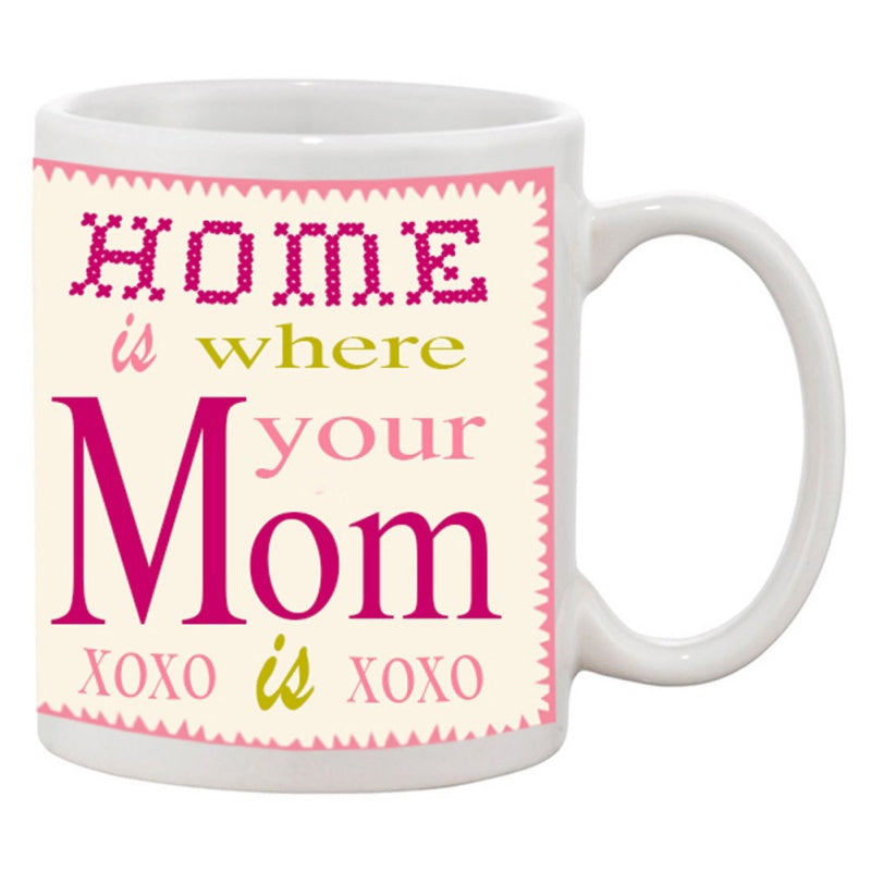 Tailorly White Ceramic 11 oz Mug - Home Is Where Your Mom Is Xoxo Stylized Colorful Typography Featuring Stitched Border Detail Within A Rectangular Sign