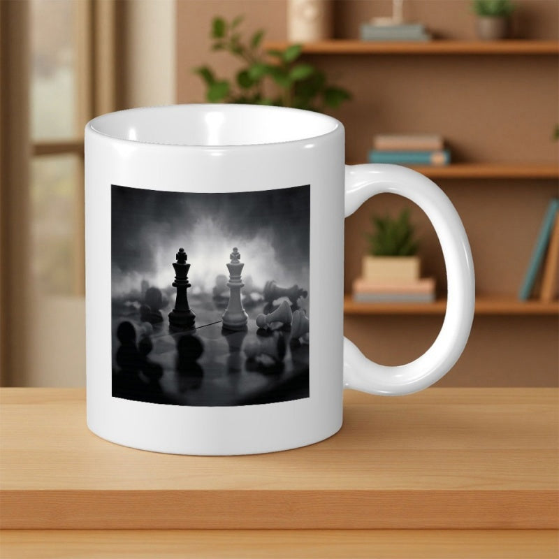 Tailorly White Ceramic 11 oz Mug - Monochrome Dramatic Lighting Over Strategic Battlefield With Scattered Pieces On Chessboard