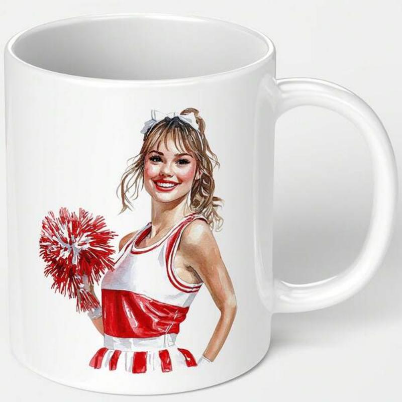 Tailorly White Ceramic 11 oz Mug - Vibrant Smiling Blonde Woman In Red And White Uniform Holding Pompoms Cheerleader