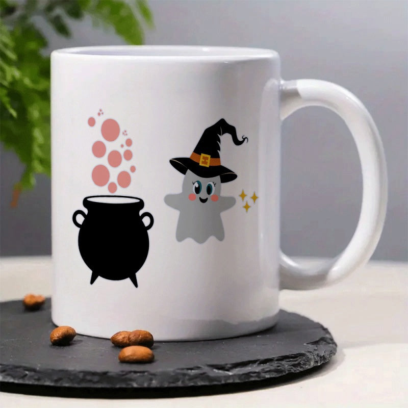 Tailorly White Ceramic 11 oz Mug - Cute Halloween Spirit With Witch Hat Beside A Bubbling Magical Cauldron Ghost