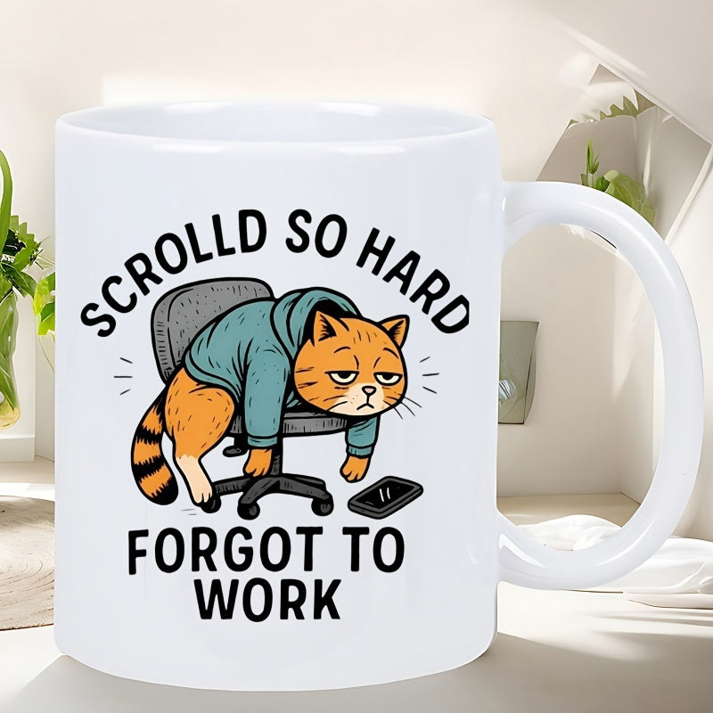 Tailorly White Ceramic 11 oz Mug - Scrolld So Hard Forgot To Work Tired Ginger Cat Wearing A Hoodie Slumped Over Office Chair Cat