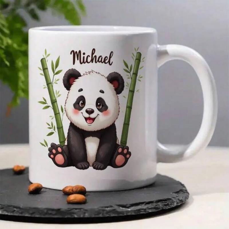 Tailorly White Ceramic 11 oz Mug - Michael Smiling Cartoon Character Resting Peacefully Near Tall Green Bamboo Panda