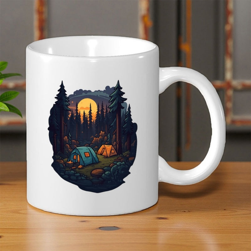 Tailorly White Ceramic 11 oz Mug - Cozy Tents Under Glowing Full Moon Among Pine Trees At Night Campsite