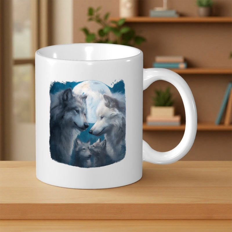 Tailorly White Ceramic 11 oz Mug - Majestic Wild Family Under The Glowing Full Moon Night Sky Wolf