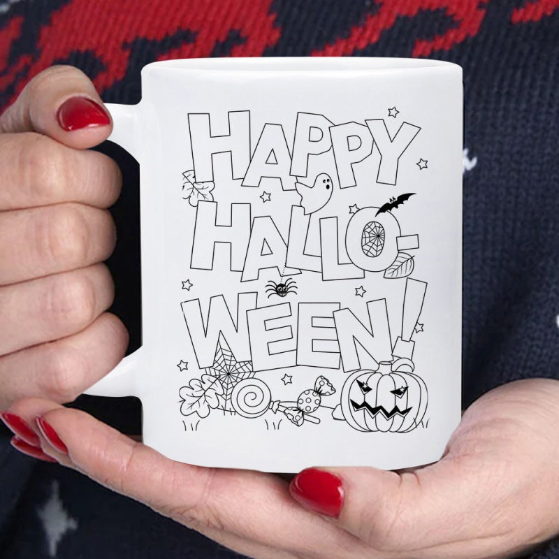 Tailorly White Ceramic 11 oz Mug - Happy Halloween Spooky Outline Design With Friendly Ghost And Bats Beside A Carved Pumpkin