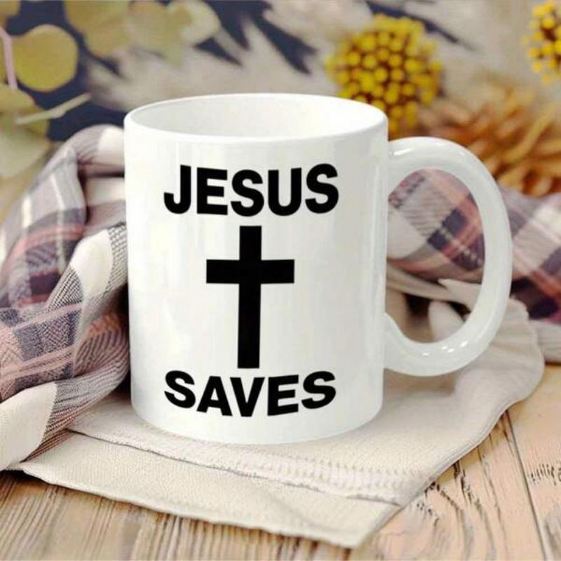 Tailorly White Ceramic 11 oz Mug - Jesus Saves Minimalist Black Christian Cross Symbol Printed On Ceramic Coffee Mug
