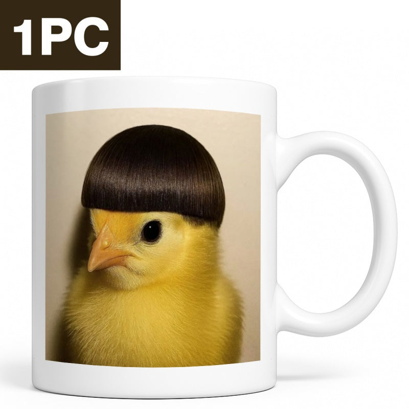 Tailorly White Ceramic 11 oz Mug - Adorable Tiny Yellow Bird Sporting A Funny Black Bowl Cut Chick