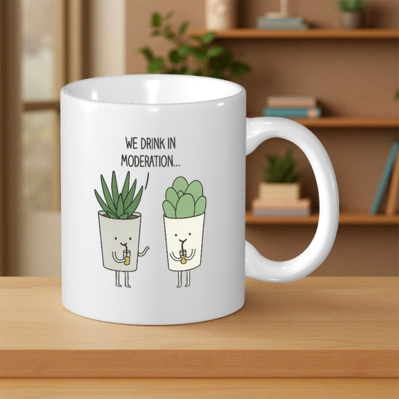 Tailorly White Ceramic 11 oz Mug - We Drink In Moderation Two Cute Hand Drawn Cartoon Potted Plants Drinking Bubble Tea Succulent