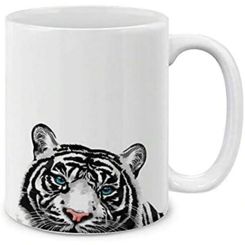 Tailorly White Ceramic 11 oz Mug - Majestic White Bengal Face Peeking From Bottom With Striking Blue Eyes Tiger