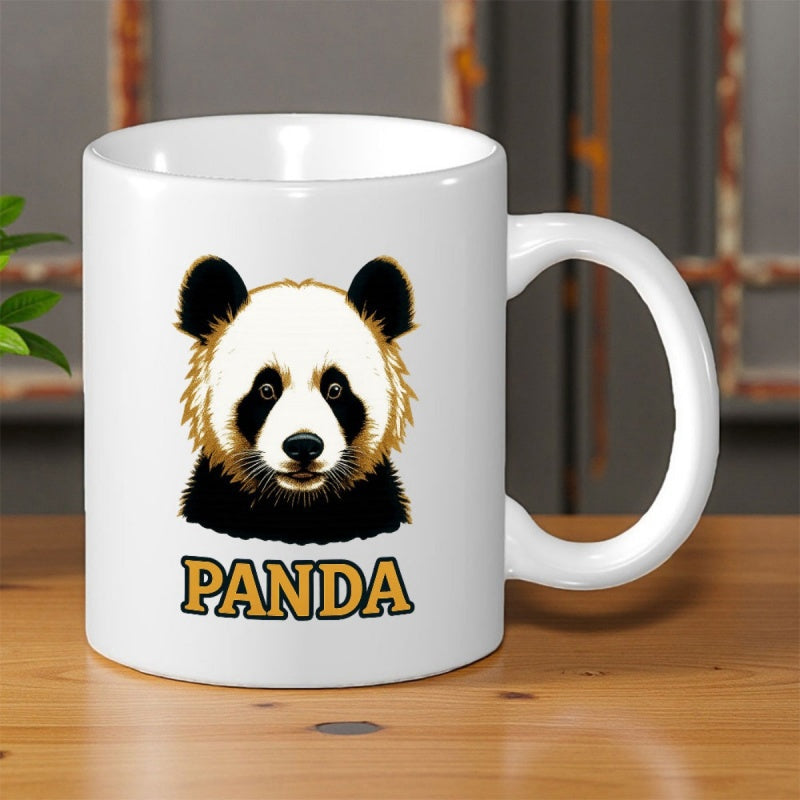 Tailorly White Ceramic 11 oz Mug - Panda Artistic Stylized Furry Head With Golden Outlines And Expressive Eyes Panda