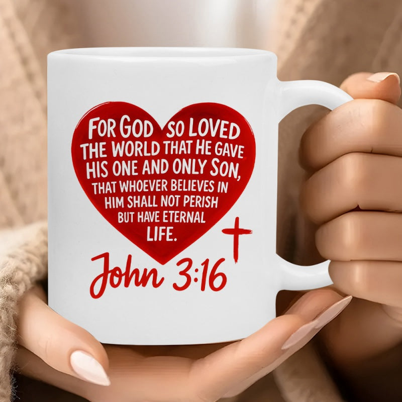 Tailorly White Ceramic 11 oz Mug - For God So Loved The World John 3 16 Vibrant Red Heart Symbolizing Faith Among A Delicate Cross Heart