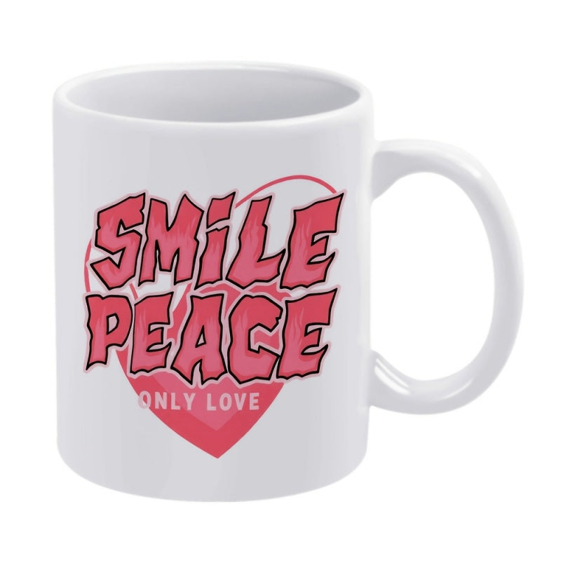 Tailorly White Ceramic 11 oz Mug - Smile Peace Only Love Vibrant Pink Jagged Letters Overlapping A Classic Red Romantic Symbolic Background Heart