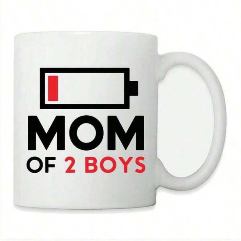 Tailorly White Ceramic 11 oz Mug - Mom Of 2 Boys Minimalist Digital Low Battery Icon Depicting Low Red Energy Status Battery