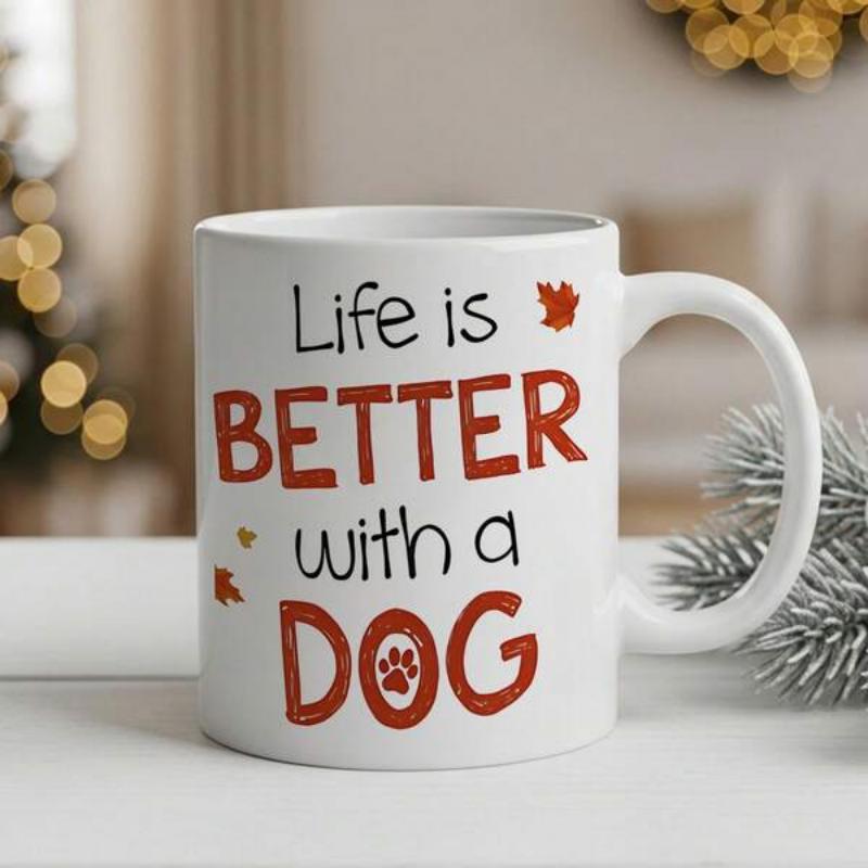 Tailorly White Ceramic 11 oz Mug - Life Is Better With A Dog Rustic Textured Red Lettering Surrounded By Delicate Autumn Maple Leaves Mug