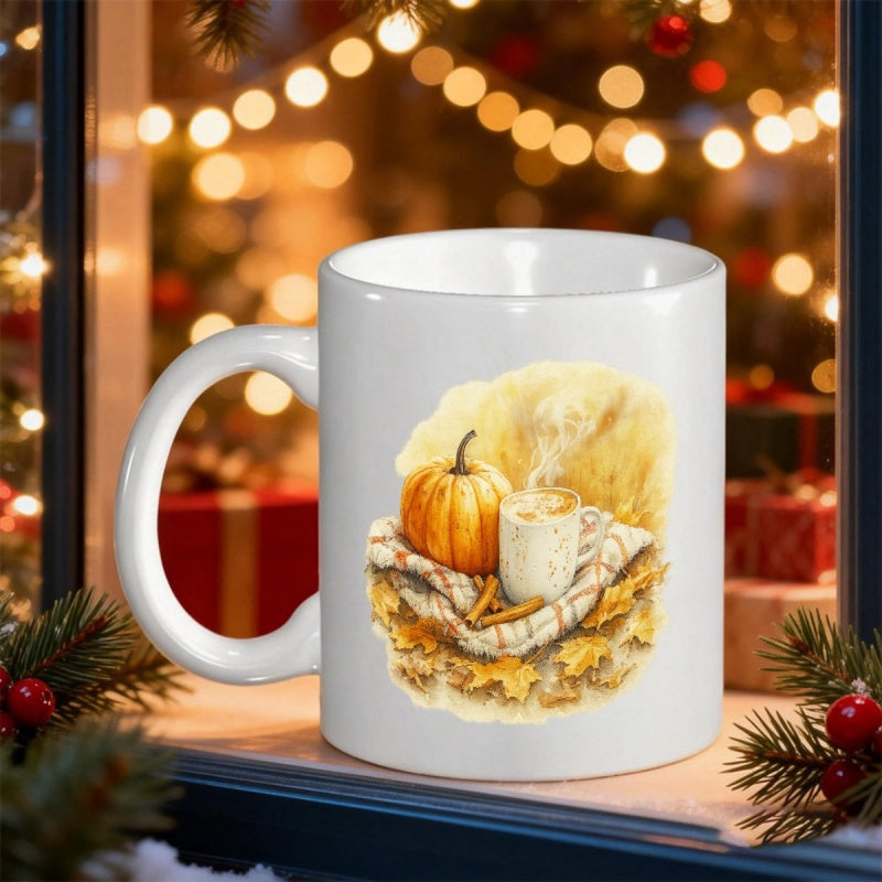Tailorly White Ceramic 11 oz Mug - Autumn Watercolor Illustration With Steaming Coffee And Golden Leaves Pumpkin