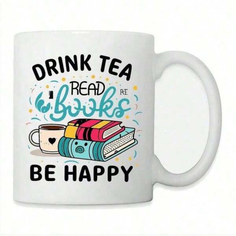 Tailorly White Ceramic 11 oz Mug - Drink Tea Read Books Be Happy Stacked Colorful Hardcover Books Beside A Heart Decorated Small Steaming Tea Books