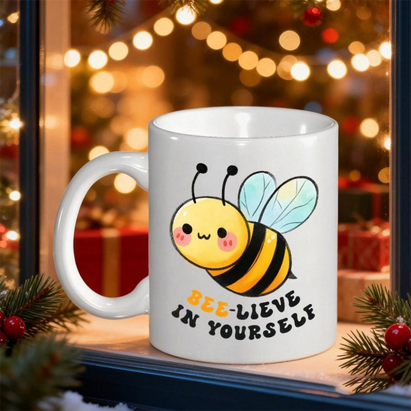 Tailorly White Ceramic 11 oz Mug - Bee-Lieve In Yourself Cute Cartoon Bumblebee Flying With Tiny Blue Wings And Rosy Cheeks Bee