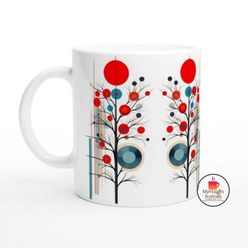 Tailorly White Ceramic 11 oz Mug - Minimalist Mid Century Style With Colorful Circular Leaves On Branches Tree