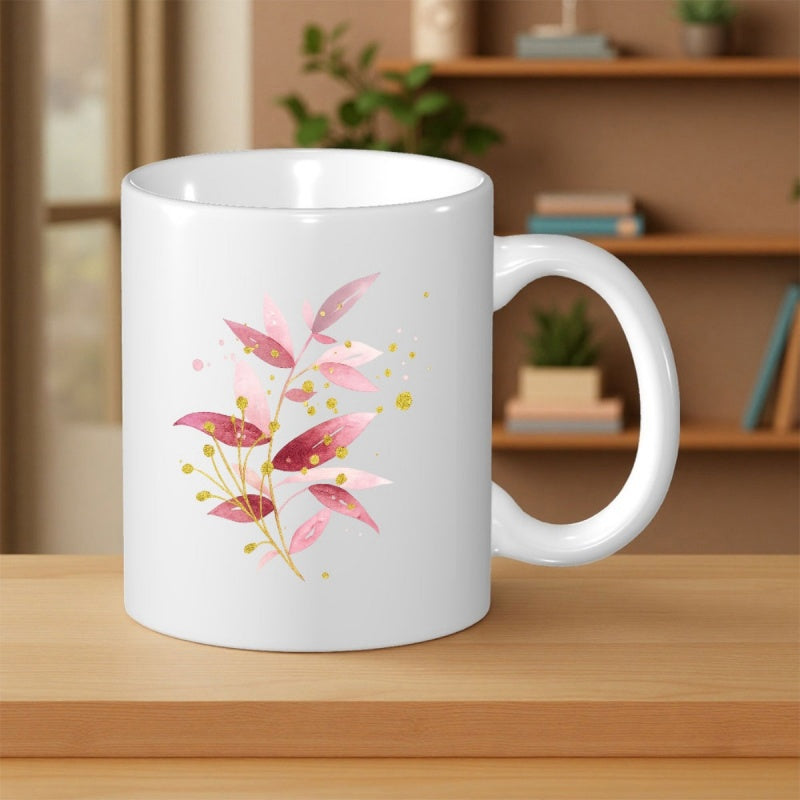 Tailorly White Ceramic 11 oz Mug - Watercolor Style Pink Leaves With Golden Accents On A Delicate Plant Branch