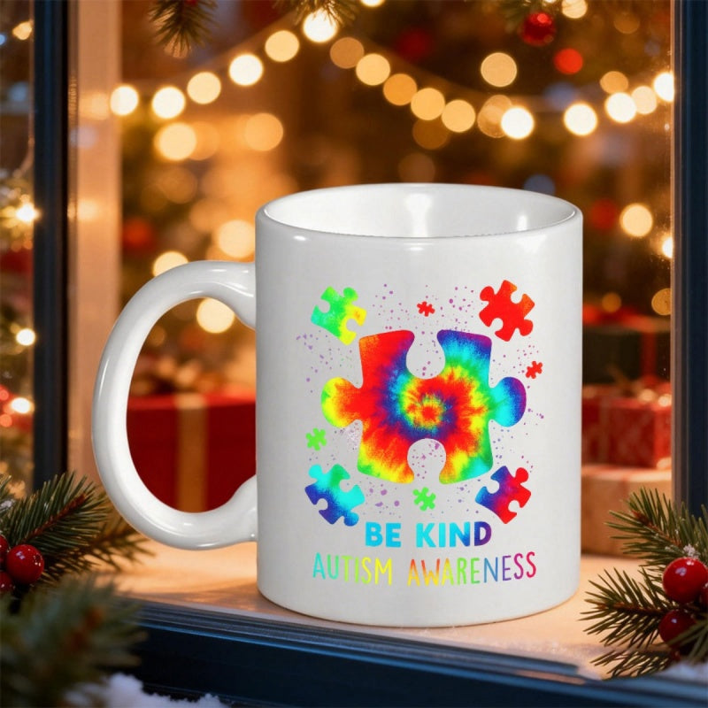 Tailorly White Ceramic 11 oz Mug - Be Kind Autism Awareness Colorful Tie Dye Patterns Featuring Scattered Small And Large Awareness Pieces Puzzle
