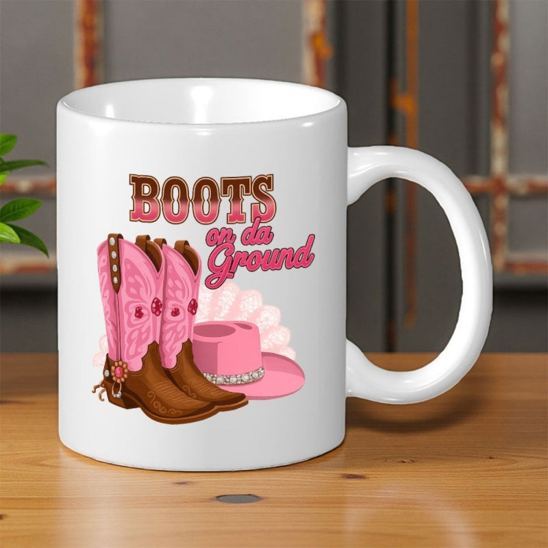 Tailorly White Ceramic 11 oz Mug - Boots On The Ground Stylish Pink Western Boots Alongside Decorative Country Style Pink Hat Cowboy Boot