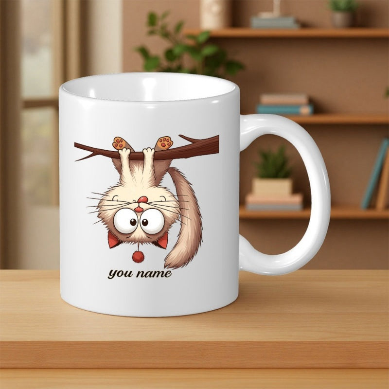 Tailorly White Ceramic 11 oz Mug - You Name Funny Cartoon Cat Hanging Upside Down On A Wooden Branch Cat