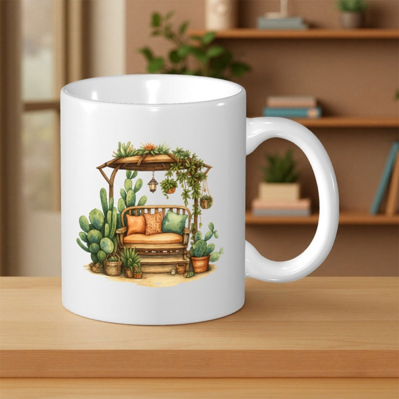 Tailorly White Ceramic 11 oz Mug - Cozy Wooden Garden Patio Surrounded By Lush Green Succulents And Hanging Plants Bench