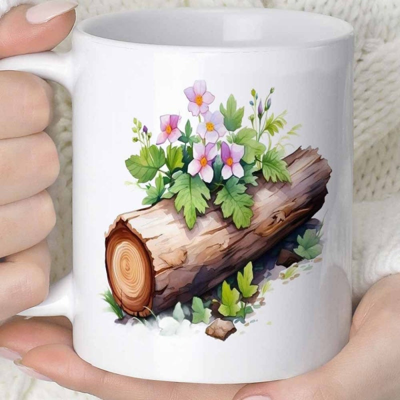Tailorly White Ceramic 11 oz Mug - Watercolor Wildflowers Blooming On A Weathered Natural Wooden Forest Log
