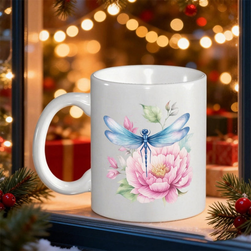 Tailorly White Ceramic 11 oz Mug - Elegant Blue Watercolor Style Resting On Soft Pink Peony Among Leaves Dragonfly