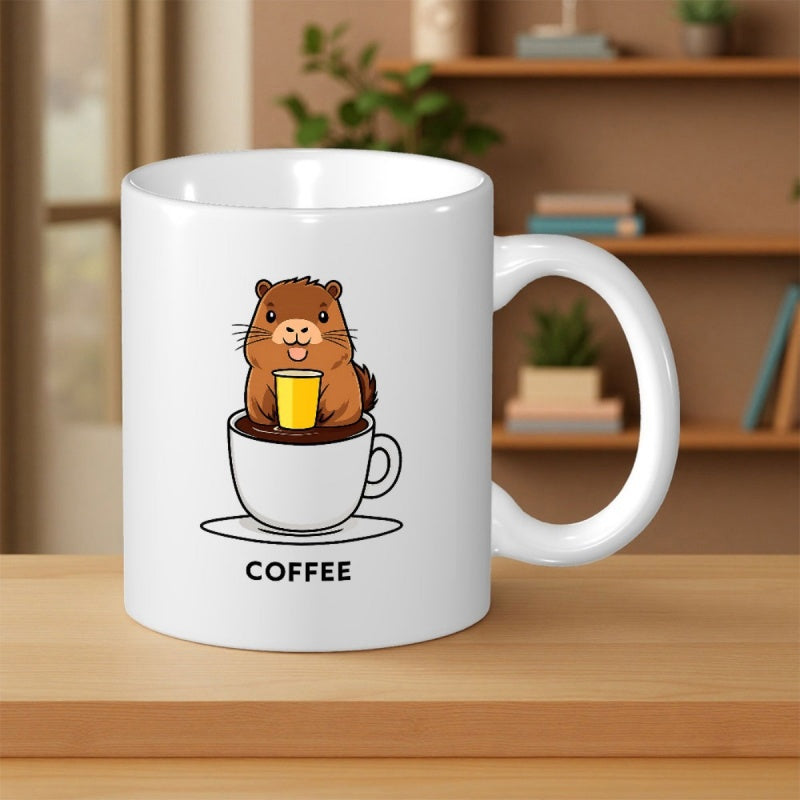 Tailorly White Ceramic 11 oz Mug - Coffee Cartoon Capybara Sitting Inside Coffee Cup Holding Small Drink Capybara