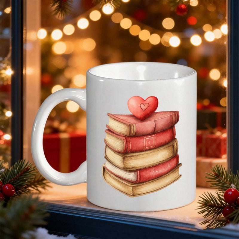 Tailorly White Ceramic 11 oz Mug - Cozy Hand Drawn Illustration Of Red Heart Resting On Stacked Vintage Books