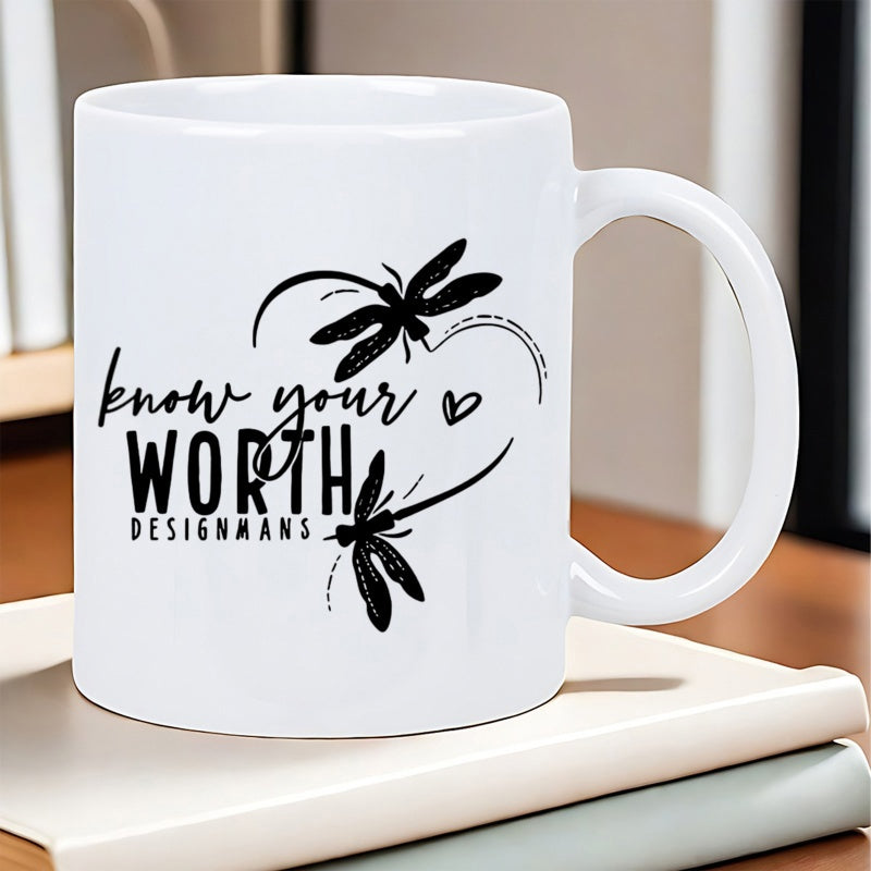 Tailorly White Ceramic 11 oz Mug - Know Your Worth Designmans Elegant Black Silhouette Insects Flying In Heart Shape Dragonfly