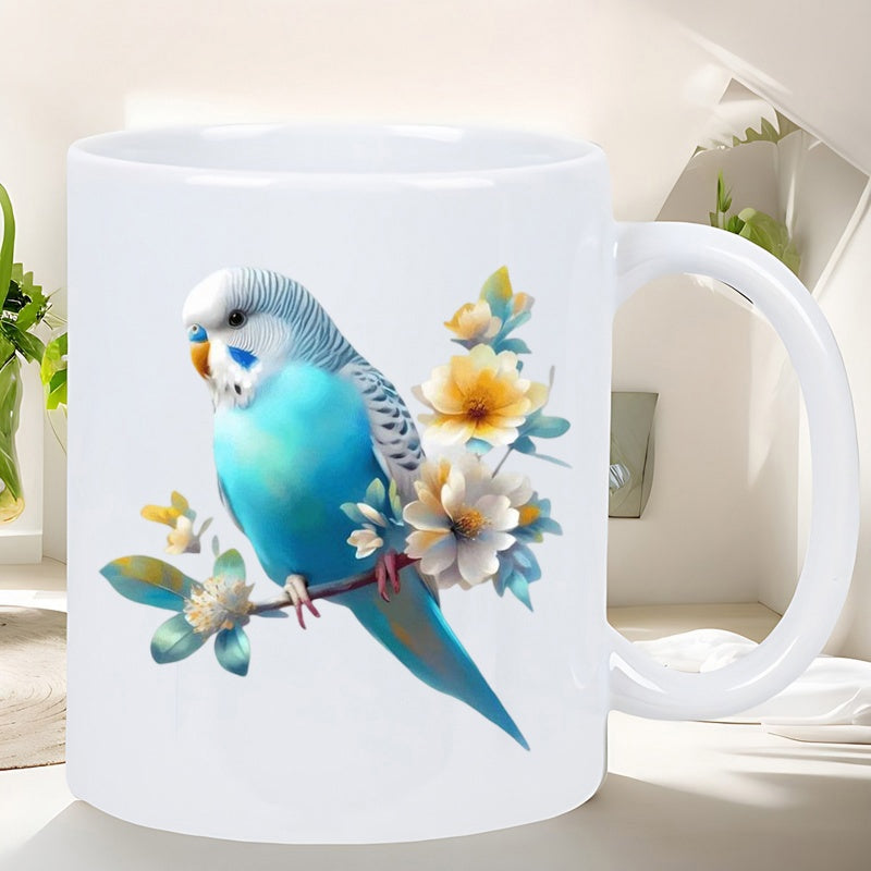 Tailorly White Ceramic 11 oz Mug - Vibrant Blue Bird Resting On Branch Surrounded By Delicate Spring Blossoms Budgerigar