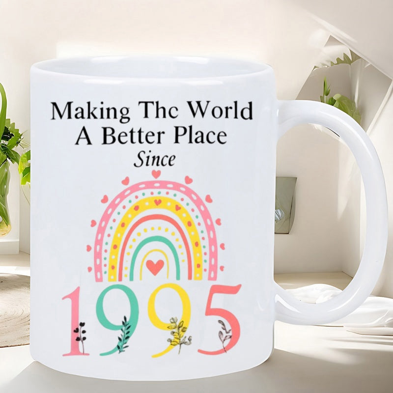 Tailorly White Ceramic 11 oz Mug - Making The World A Better Place Since 1995 Pastel Arches With Hearts And Decorative Floral Numbers Rainbow