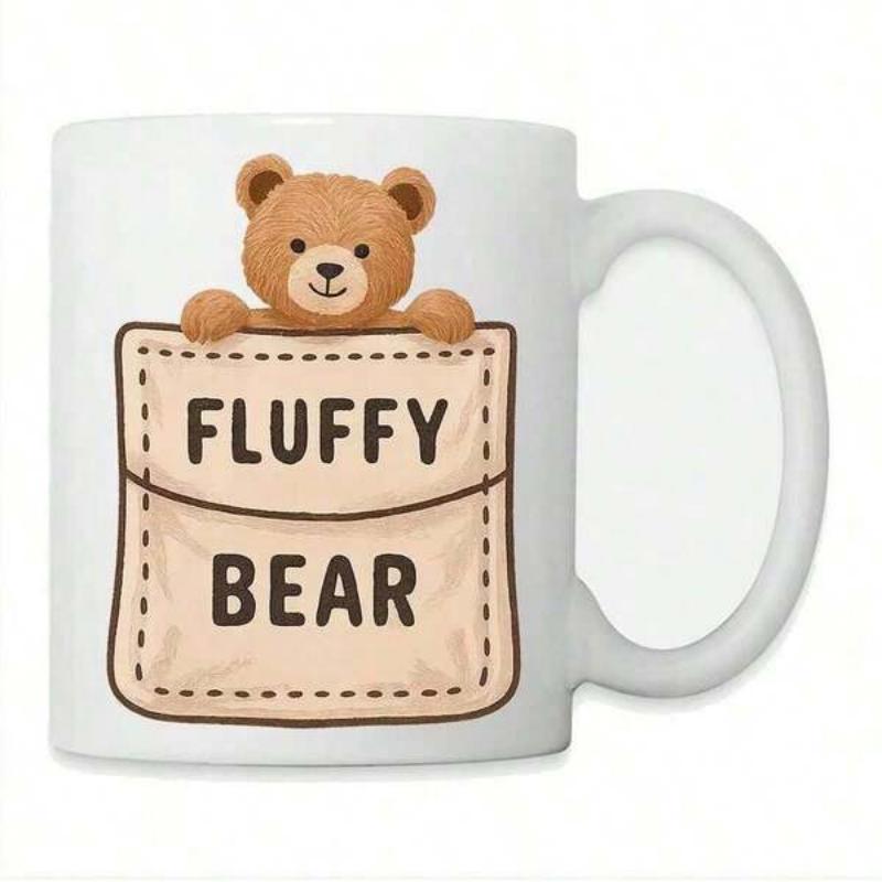 Tailorly White Ceramic 11 oz Mug - Fluffy Bear Adorable Brown Teddy Bear Peeking Out From A Stitched Pocket Bear