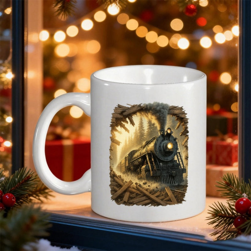 Tailorly White Ceramic 11 oz Mug - Vintage Steam Engine Emerging From A Rustic Tunnel With Billowing Smoke Train