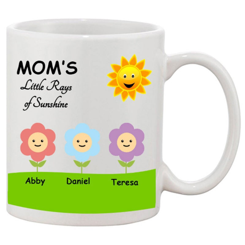 Tailorly White Ceramic 11 oz Mug - Moms Little Rays Of Sunshine Abby Daniel Teresa Radiant Yellow Sun Shining Over Vibrant Smiling Flowers On Green Meadow Flower