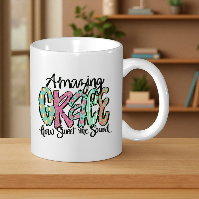 Tailorly White Ceramic 11 oz Mug - Amazing Grace How Sweet The Sound Colorful Patterns With Polka Dots And Leopard Prints On Artistic Lettering Mug