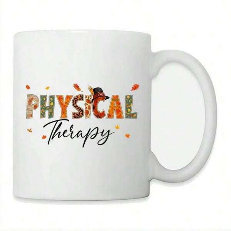 Tailorly White Ceramic 11 oz Mug - Physical Therapy Textured Patterned Letters With Elegant Script Font And Decorative Fall Leaves Mug