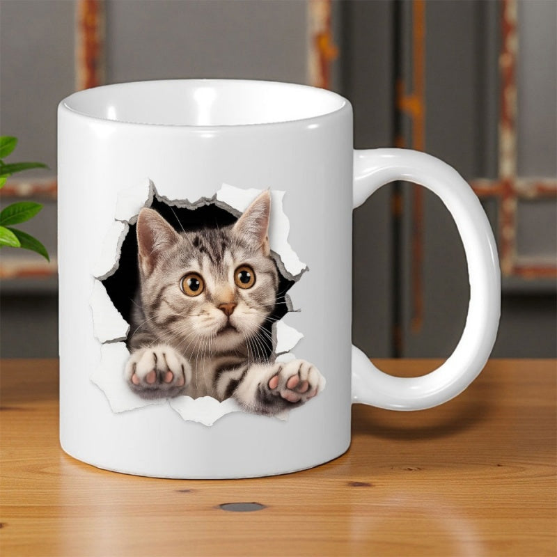 Tailorly White Ceramic 11 oz Mug - Realistic Grey Tabby Peeking Through A Torn Paper Hole Graphic Kitten