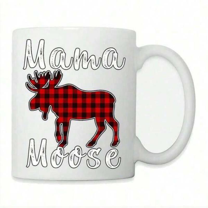 Tailorly White Ceramic 11 oz Mug - Mama Moose Red Buffalo Plaid Silhouette Standing On Snowy White Ceramic Backdrop Rustic Moose